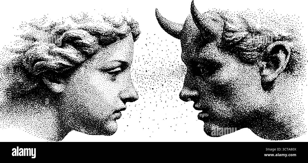 Art de dotwork complexe de faces d'ange et de démon en profil. Illustration de Vecteur