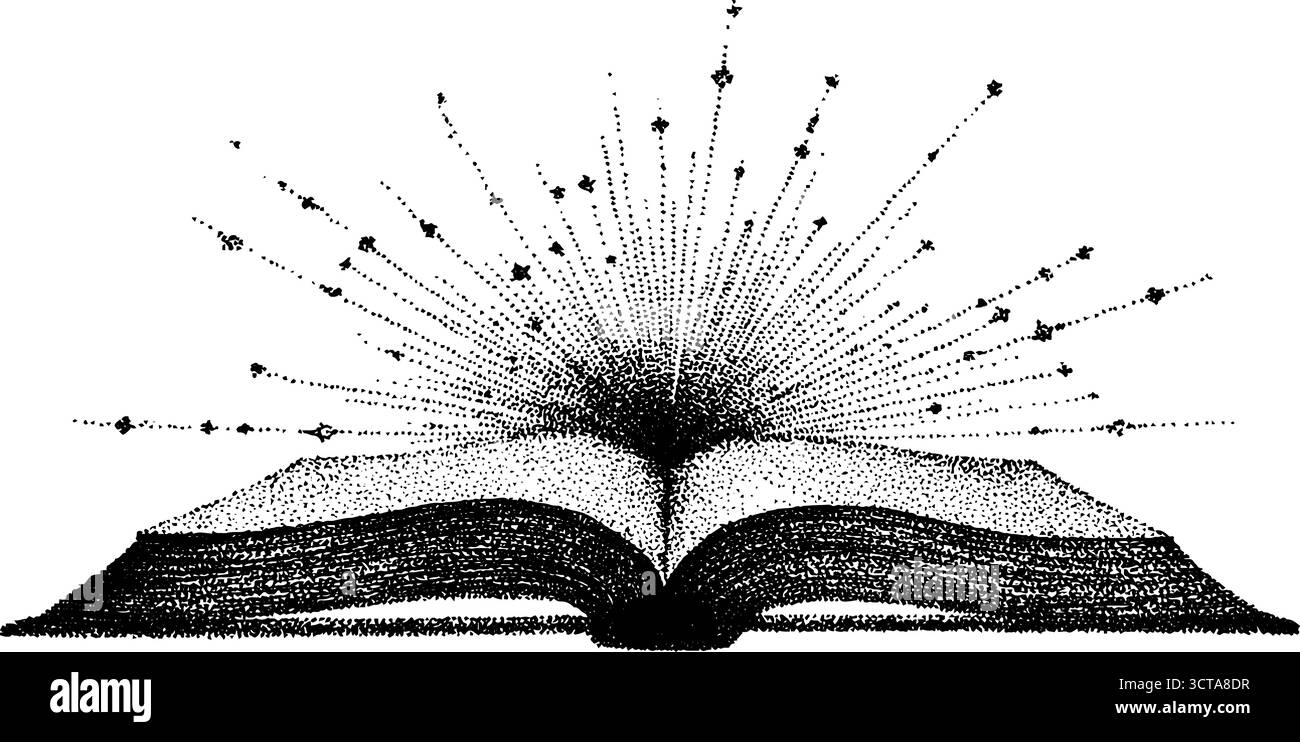 Illustration vintage dotwork d'un vieux livre avec une lumière rayonnante. Illustration de Vecteur