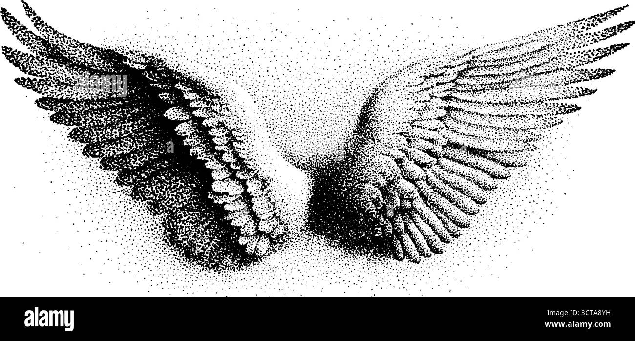 Illustration complexe de dotwork d'ailes d'ange et de démon dans la technique de pointillés pour les conceptions artistiques. Illustration de Vecteur