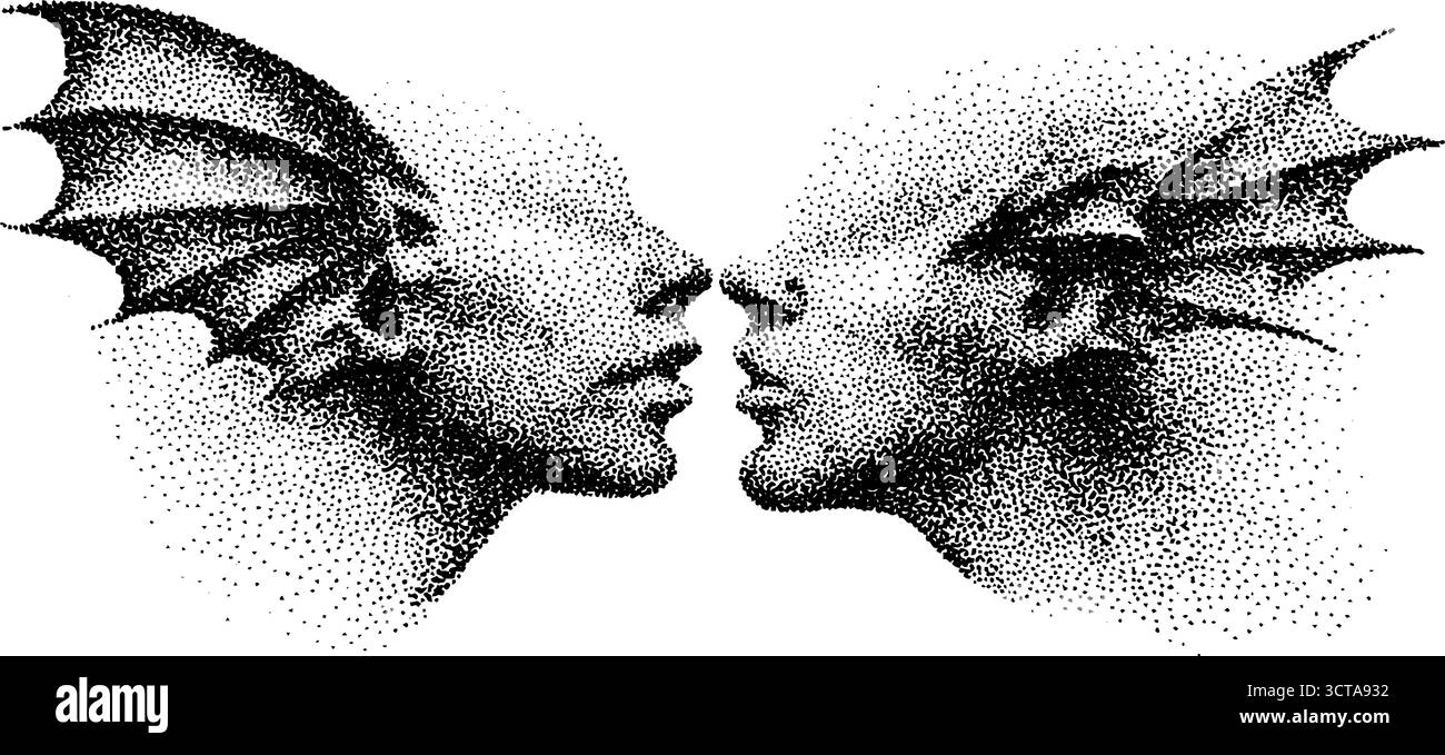Contraste du bien et du mal : art détaillé de l'art de dotwork d'ange et de démon dans le profil. Illustration de Vecteur