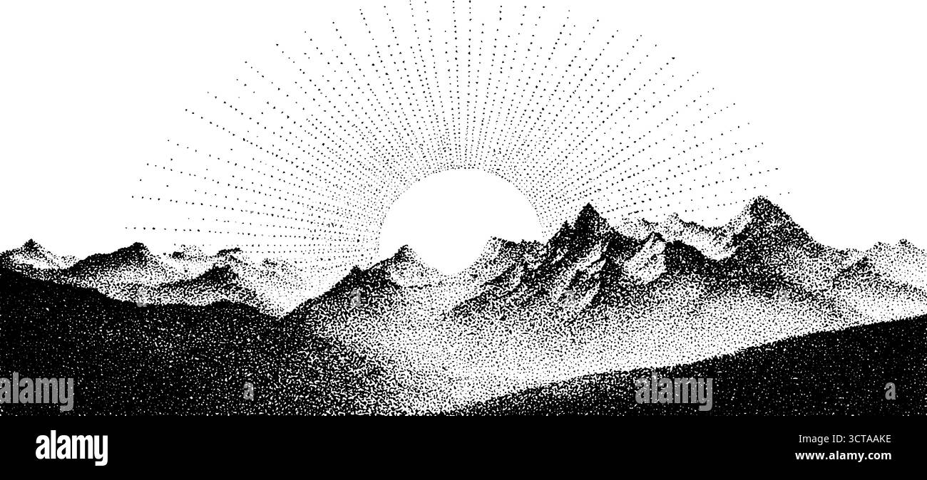 Pointillés complexes de montagnes superposées et éclat de soleil radieux. Illustration de Vecteur
