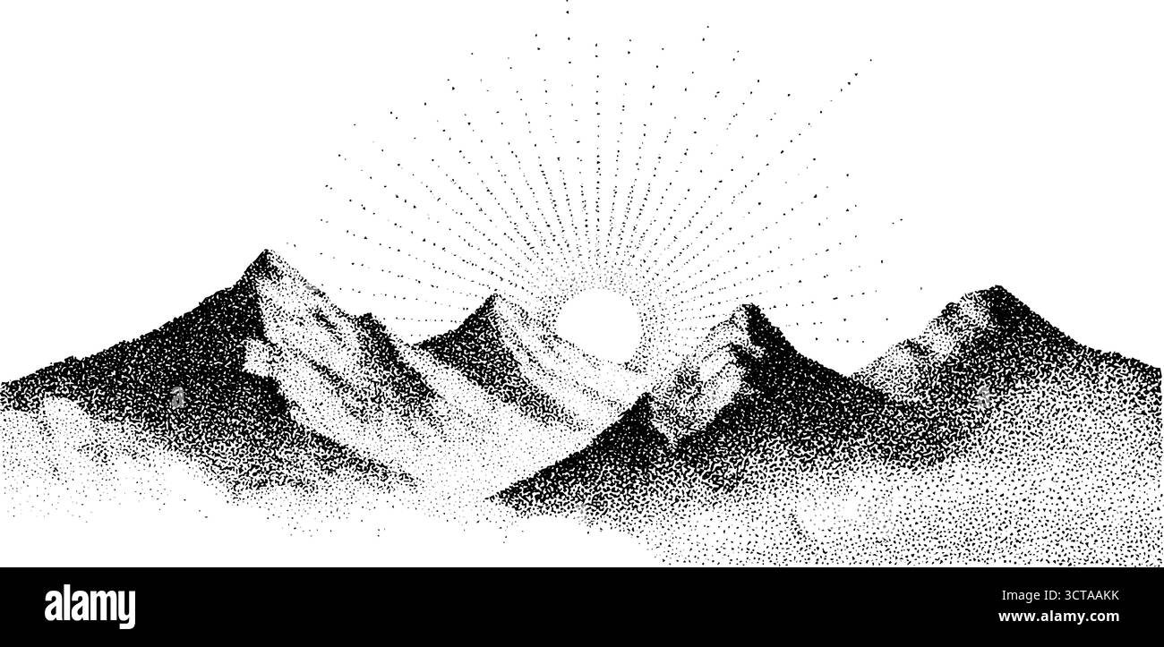Illustration pointillée complexe de montagnes superposées avec effet d'éclat de soleil. Illustration de Vecteur