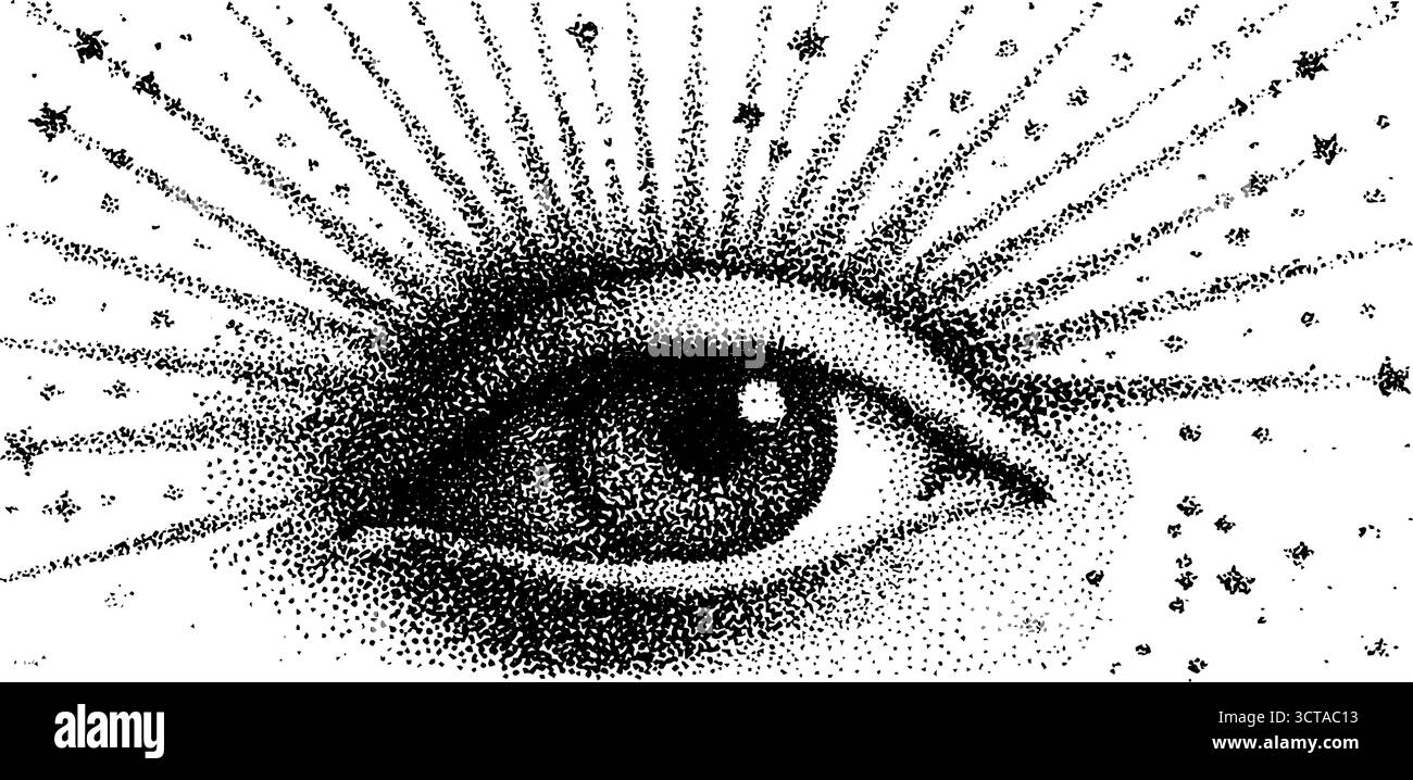 Illustration détaillée de pointillés de dotwork de l'œil mystique de RA pour la conception et la décoration. Illustration de Vecteur