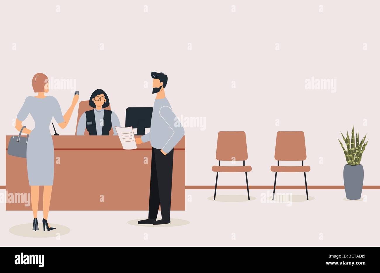 Les gens d'affaires dans le bureau de la banque.L'employé derrière le comptoir sert le client.le client se tient dans le hall et parle à l'employé.illustration plate vectorielle Illustration de Vecteur