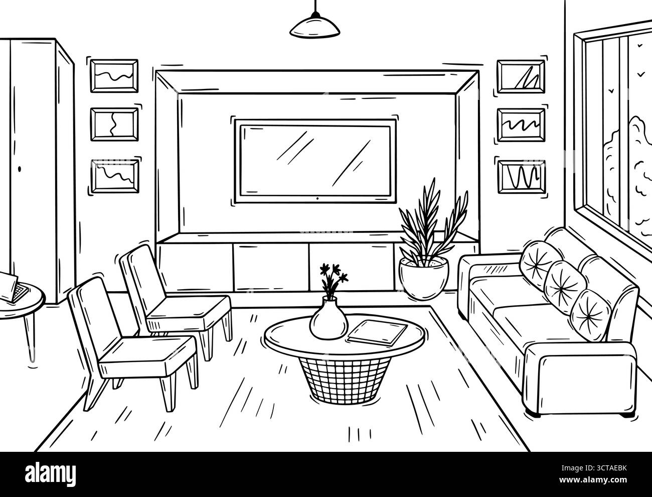 Intérieur du salon Doodle. Salle d'attente confortable dans le bureau, hall, cabinet de psychologue. Canapé ou canapé, chaises, table et écran tv, vecteur néotérique loc Illustration de Vecteur