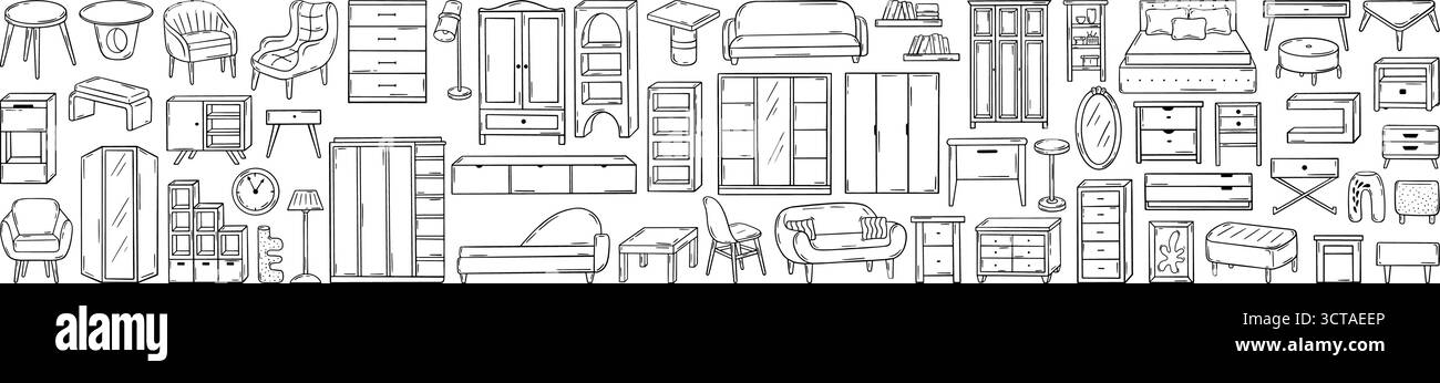 Mobilier de gribouillage. Canapé, armoire, étagères, lampe et chaise. Eléments de design intérieur dessinés à la main isolés pour salon, miroir, étagère, vase, néotérique Illustration de Vecteur