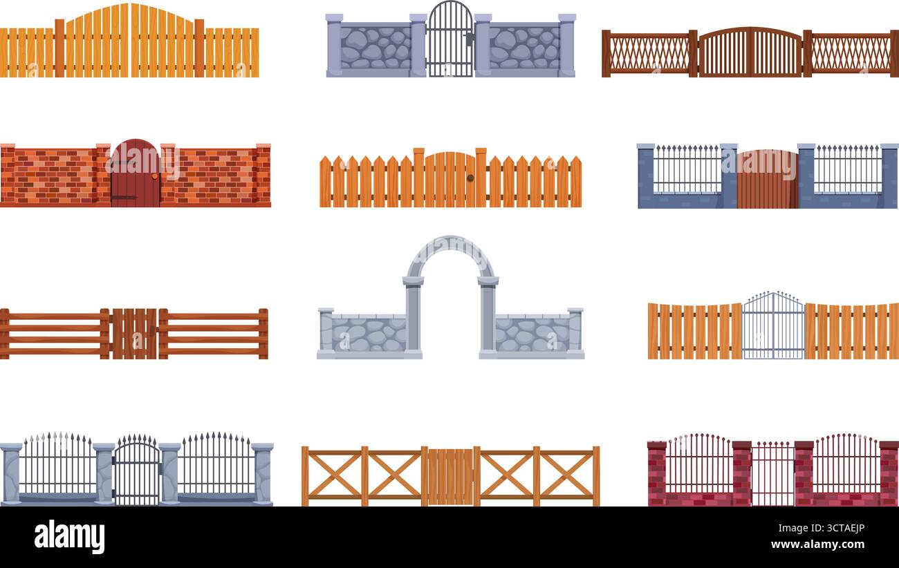 Portes de clôture de dessins animés. Clôture en pierres de briques en bois avec portail, entrées de jardin extérieur. Passerelles pour ferme de cour de parc. Jeu de vecteur sapid de clôture de dessin animé ou Illustration de Vecteur