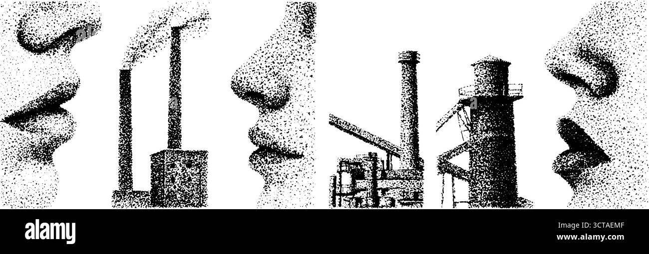 Silhouettes industrielles et profils humains dans un ensemble d'illustration d'illustration de stipple. Illustration de Vecteur