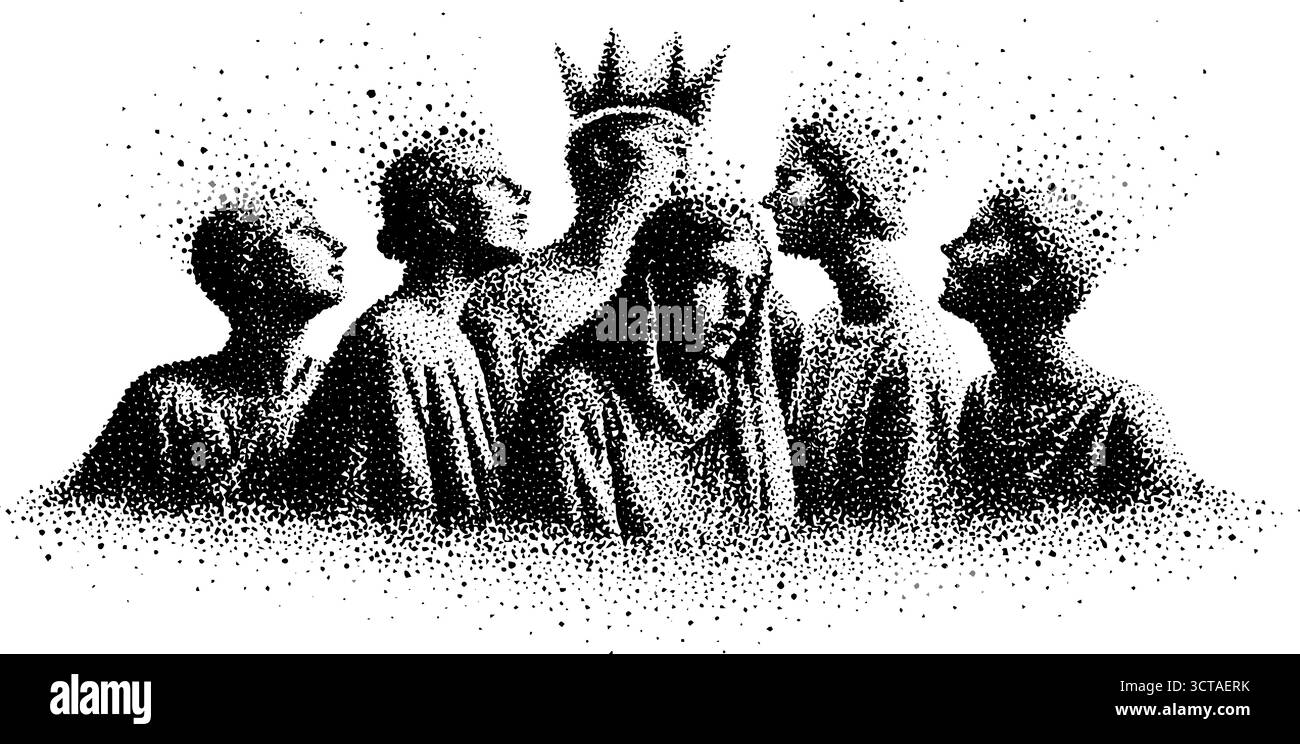 Stipple art de figures en mouvement avec accent couronne pour des projets créatifs. Illustration de Vecteur