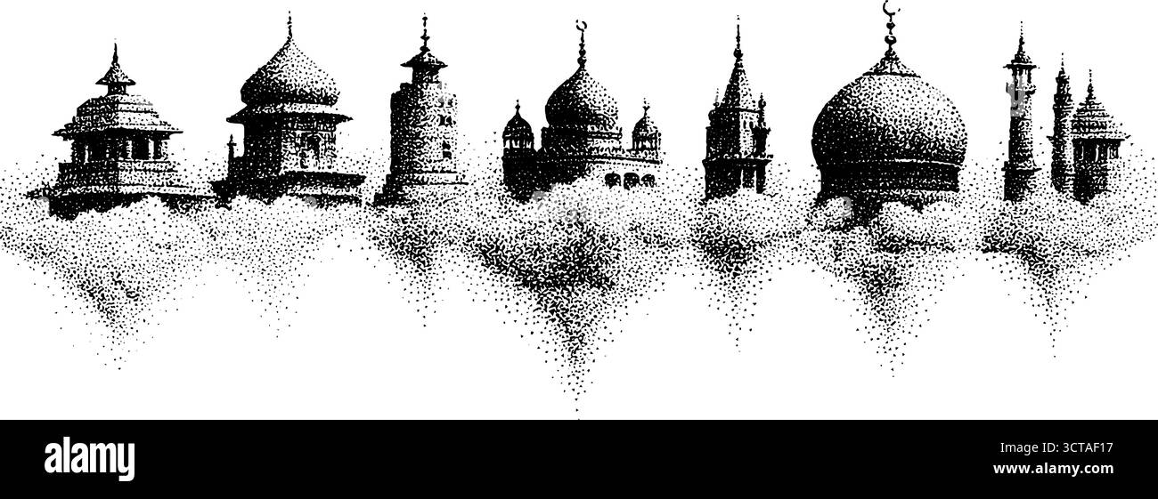 Illustration pointillée complexe de temples flottants dans les nuages. Illustration de Vecteur