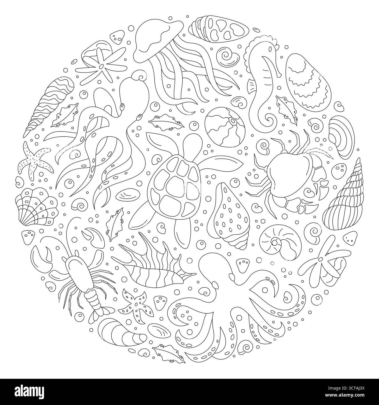 Autocollant de concept de contour marin sous-marin rond Illustration de Vecteur