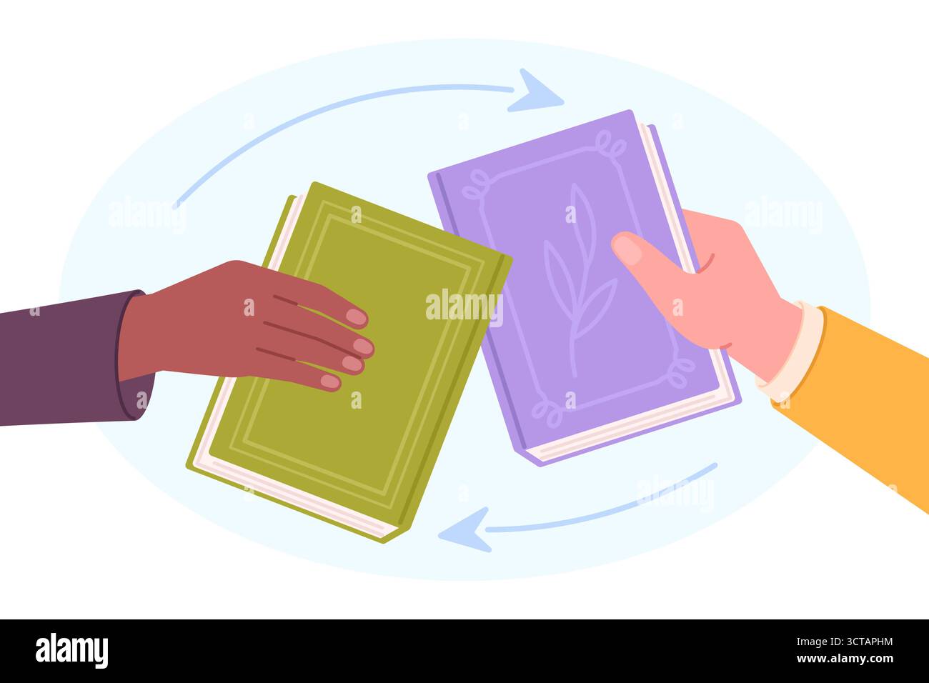 Concept de traversée de livre. Les gens échangent des livres, échangent des manuels. Lecteurs personnages, littérature dans la bibliothèque ou l'école de lecture fest, éducation racy vecteur c Illustration de Vecteur