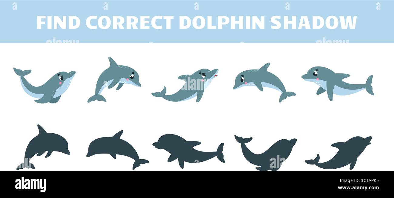 Trouvez le bon modèle de jeu d'ombre de dauphin. Drôles de dauphins, animaux de l'océan de mer diverses poses. Jeu de développement éducatif des enfants, illustration vectorielle Illustration de Vecteur