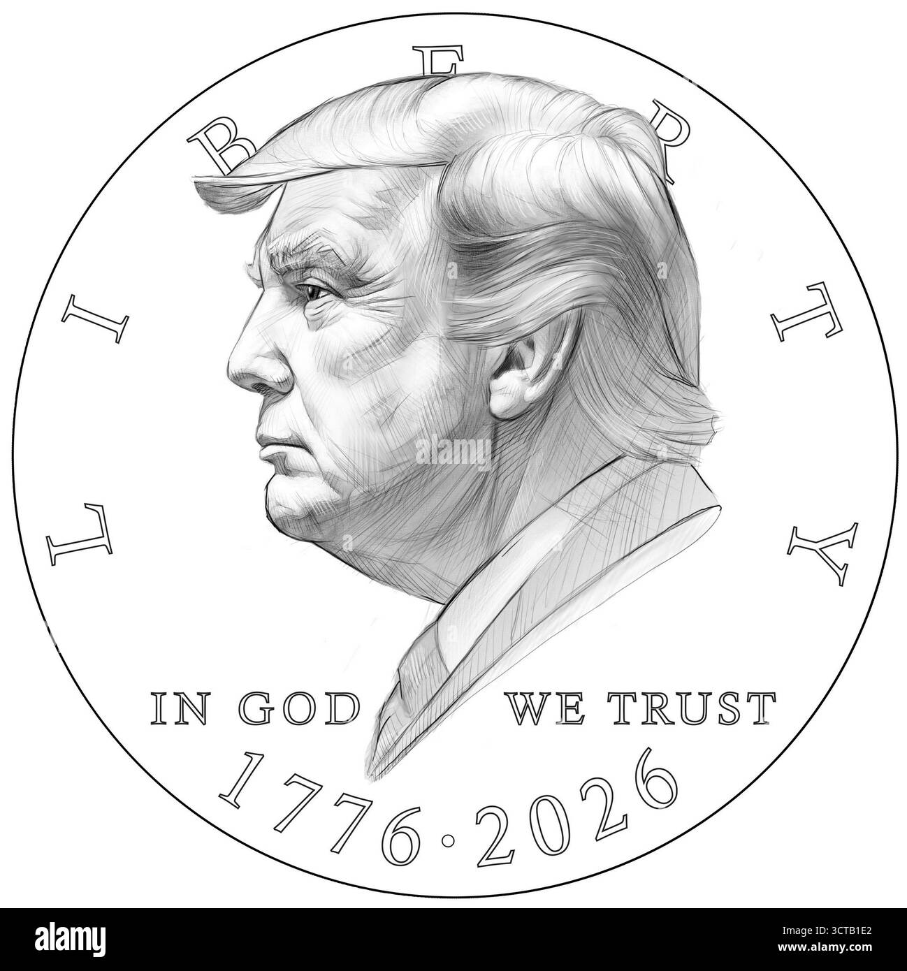Illustration représentant une proposition de pièce commémorative en dollars américains mettant en vedette Donald Trump dans le profil de gauche, avec les inscriptions « LIBERTÉ », « EN DIEU NOUS AVONS CONFIANCE » et « 1776-2026 ». Le croquis conceptuel, dessiné au crayon, a été partagé en ligne au milieu d’un débat sur les designs marquant le 250e anniversaire de l’Amérique. Banque D'Images