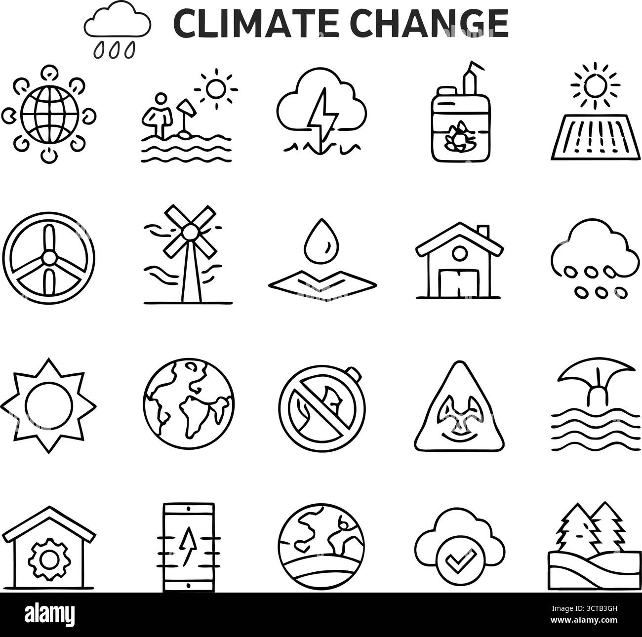 Jeu d'icônes du changement climatique – illustration des symboles de réchauffement climatique, d'impact environnemental et de durabilité Illustration de Vecteur