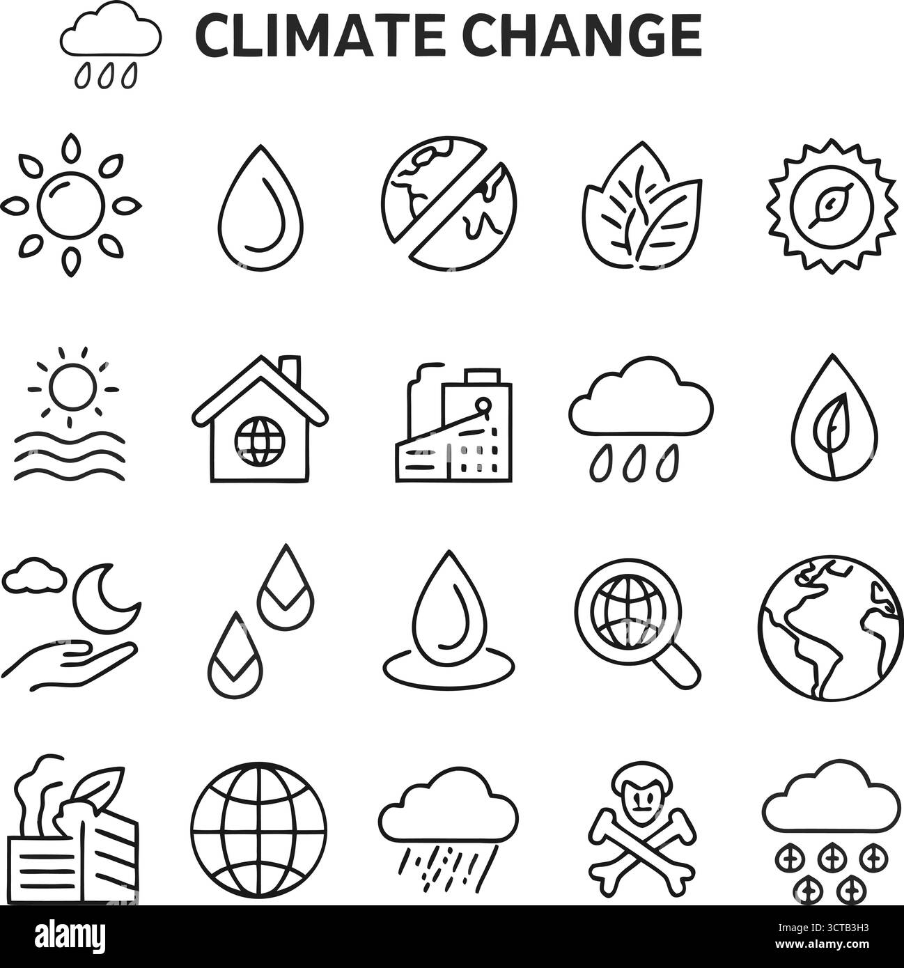 Jeu d'icônes du changement climatique – illustration des symboles de réchauffement climatique, d'impact environnemental et de durabilité Illustration de Vecteur