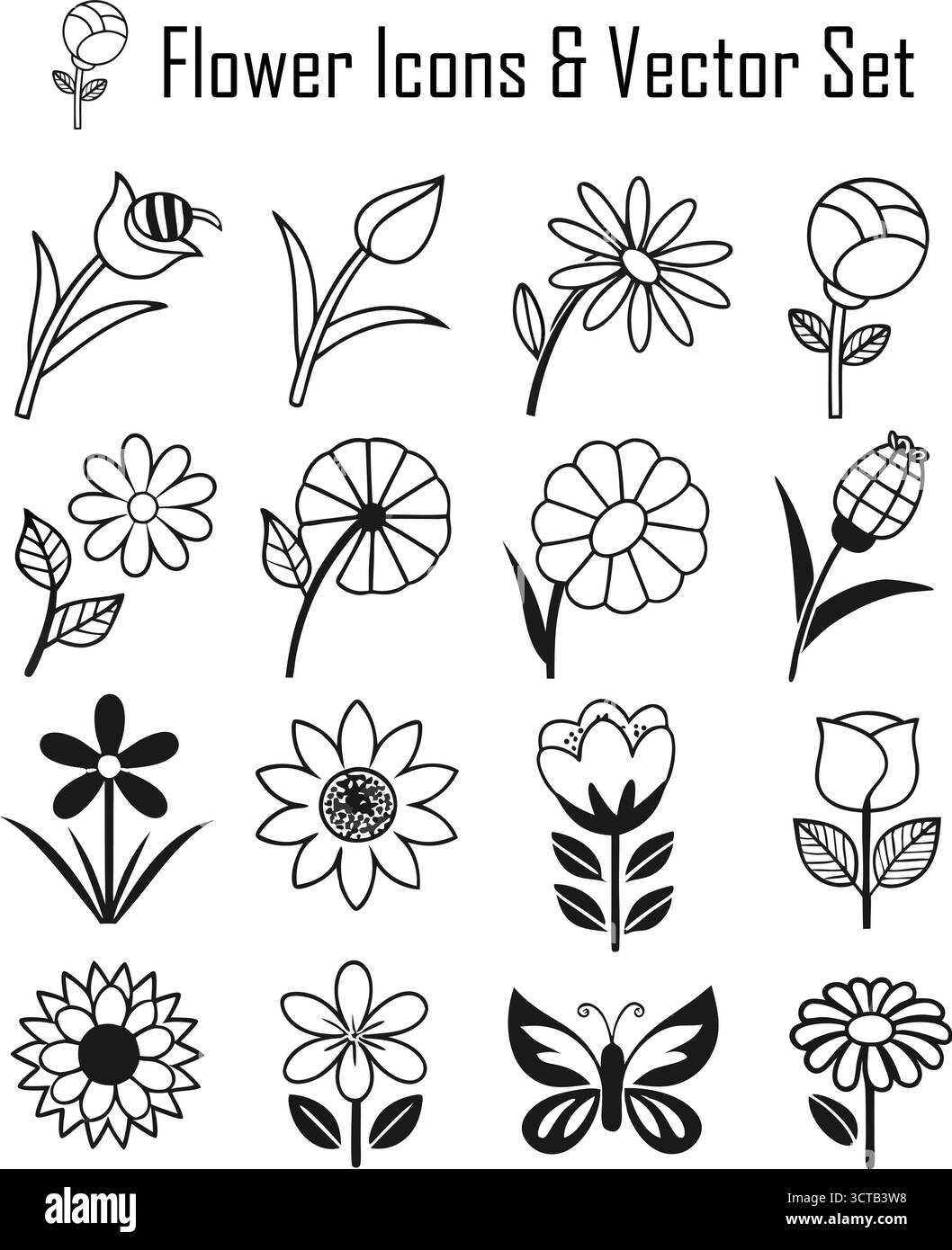 Ensemble d'icônes de fleurs – symboles floraux, botaniques et naturels dans un design minimaliste plat Illustration de Vecteur