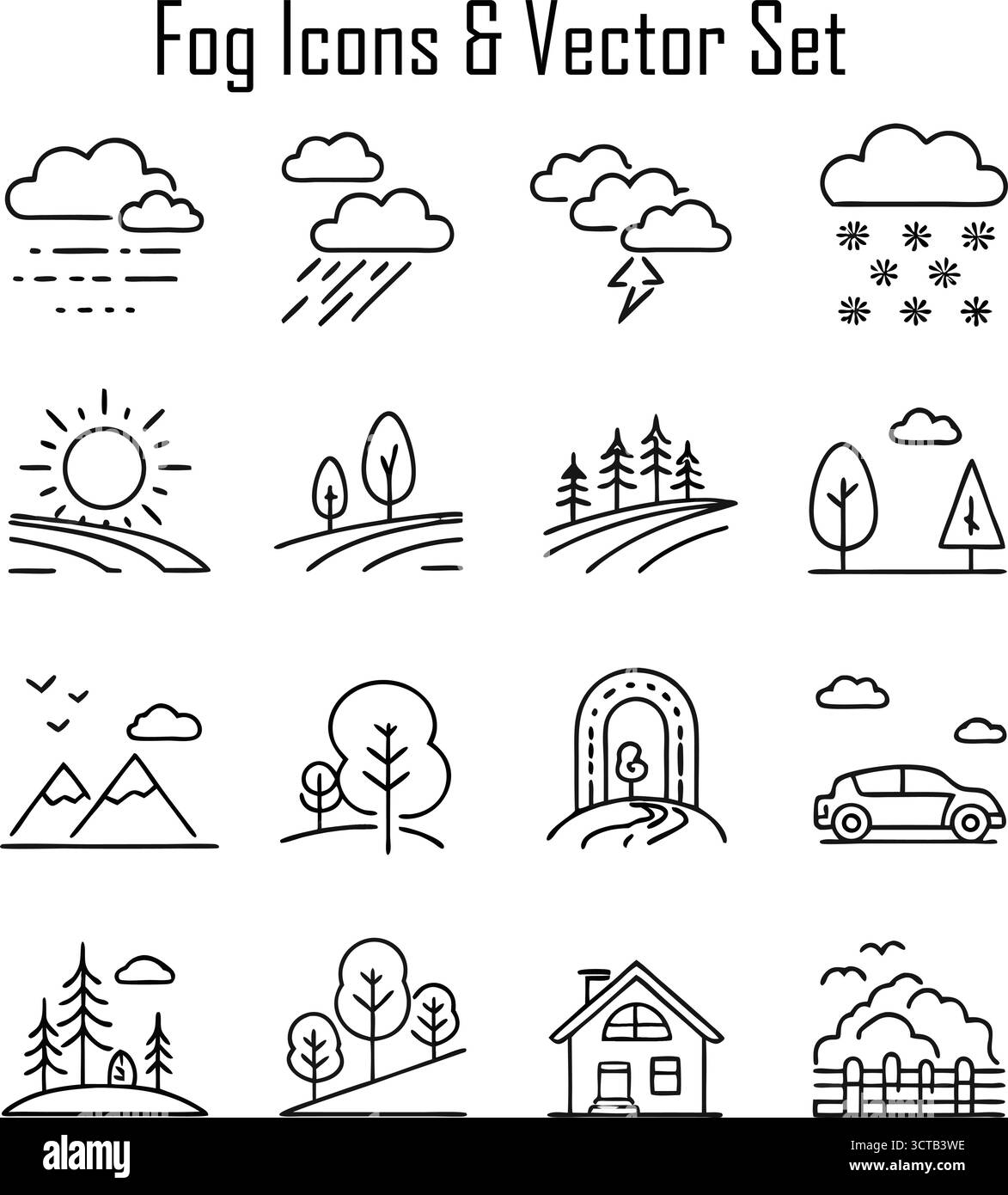 Jeu d'icônes de brouillard – symboles de brume, de brume et de prévision météorologique dans un design minimal plat Illustration de Vecteur