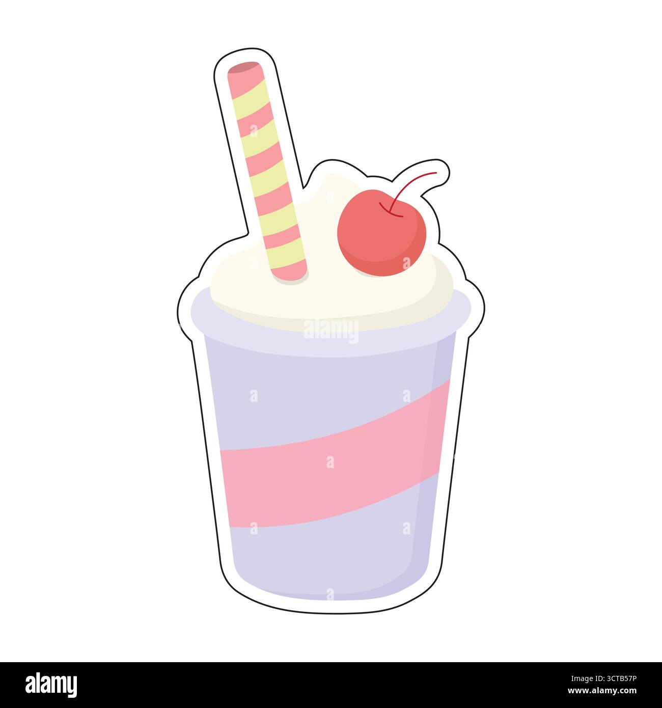 Milk-Shake stylisé dans une tasse violette avec garniture fouettée, cerise et paille rayée. Parfait pour les menus de café, les graphiques d'été, les autocollants de dessert, ou sucré- Illustration de Vecteur