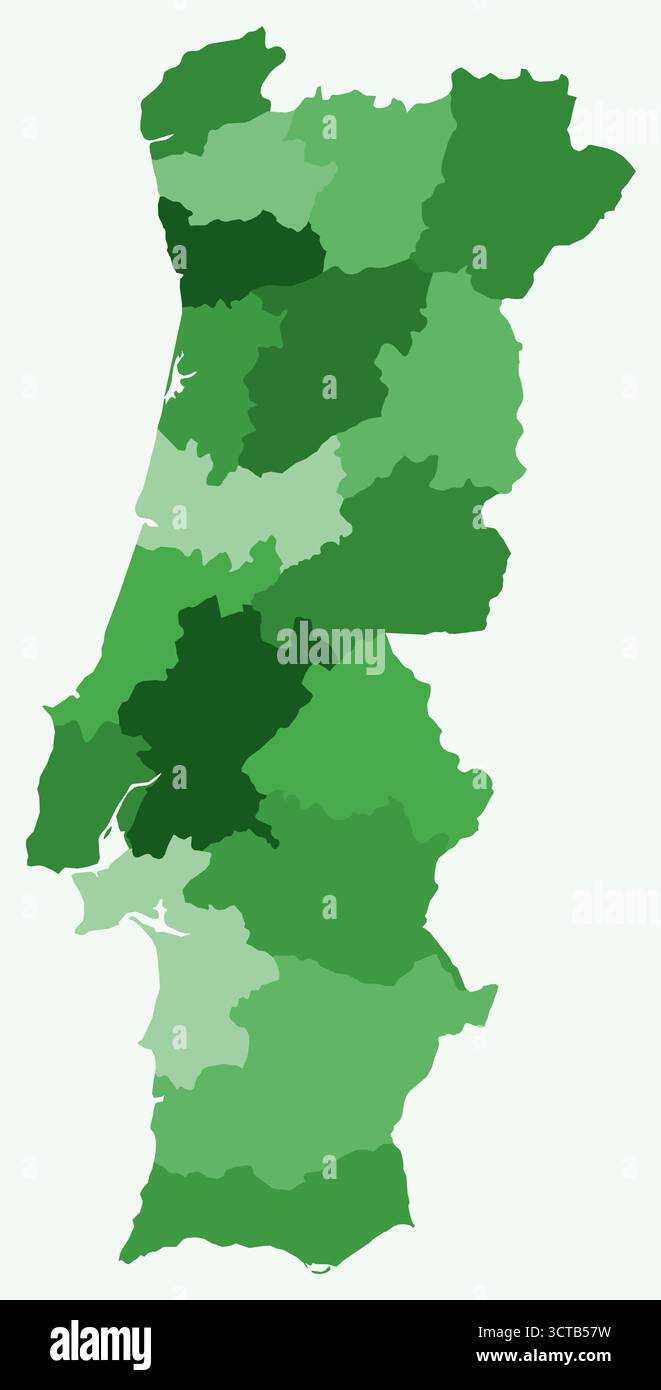Carte du Portugal avec les régions. Une simple carte des frontières du pays avec les divisions régionales. Palette de couleurs vertes. Illustration de Vecteur