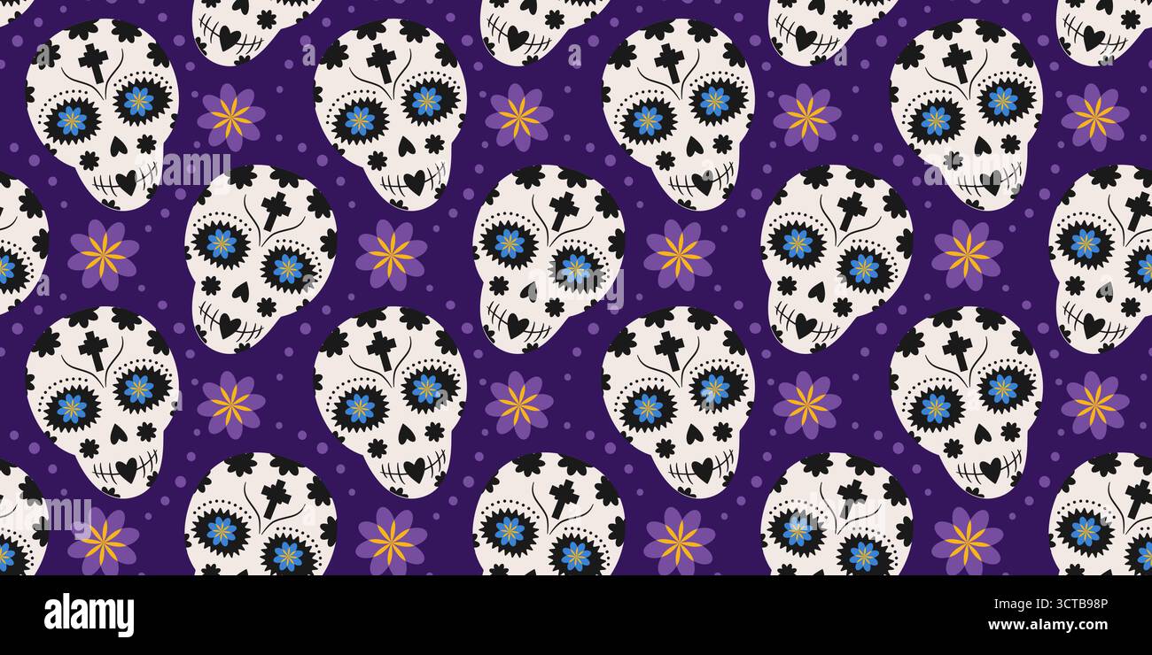 Motifs sans couture décorés de crânes de sucre et de fleurs sur Purple Day of the Dead Backdrop Banner format. Illustration vectorielle isolée vacances mexicaines salutations thématique toile de fond bannière, dépliants, étiquettes Illustration de Vecteur