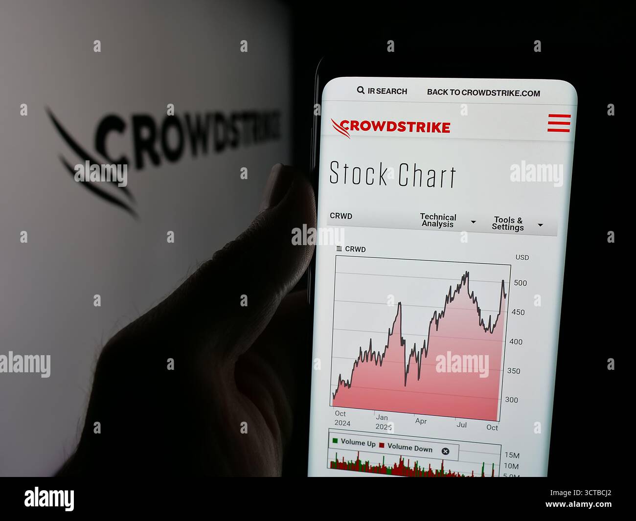 Dans cette illustration photo, une personne tient un téléphone portable avec la page Web de la société de cybersécurité CrowdStrike Holdings sur l'écran devant le logo. Banque D'Images
