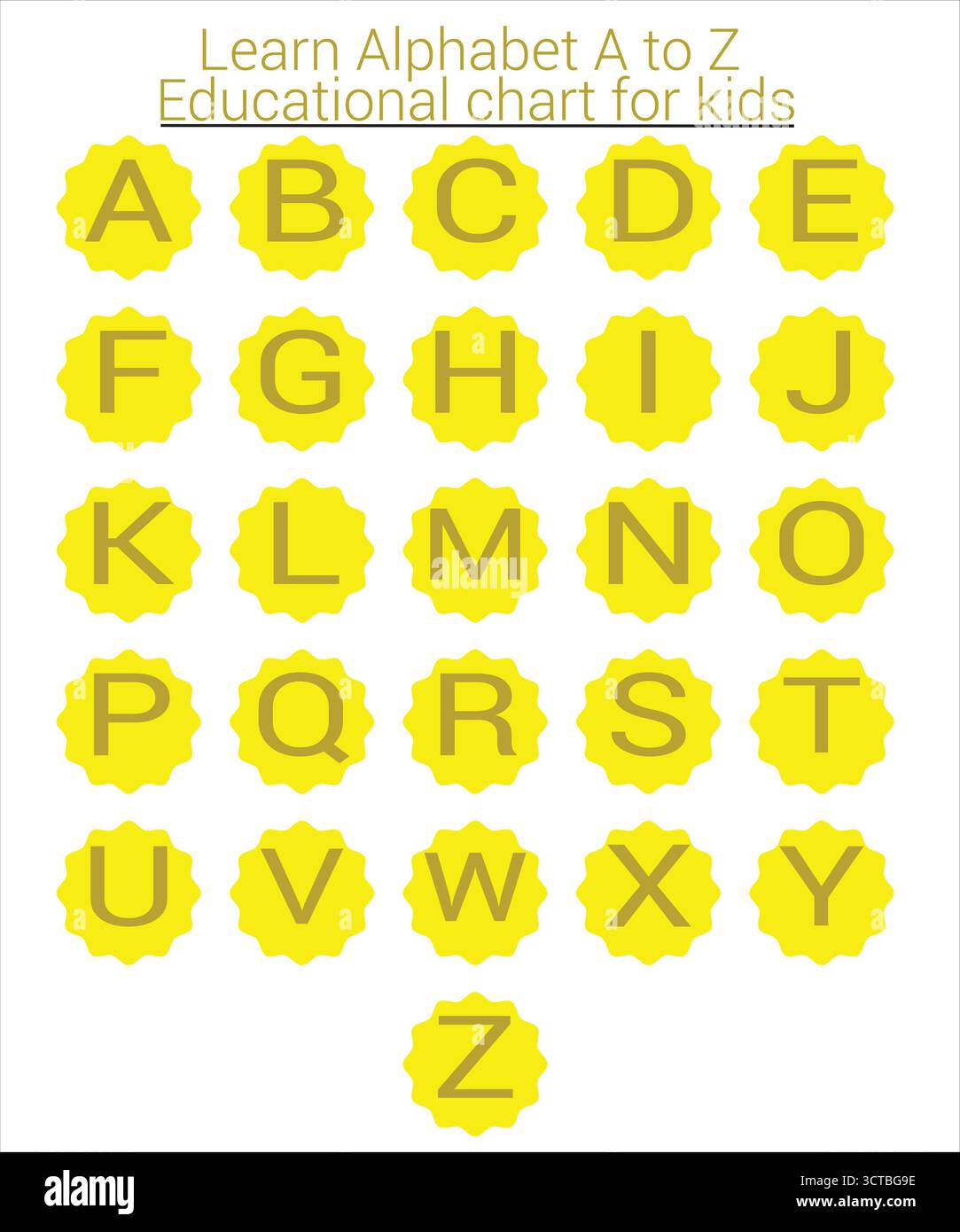 Apprendre Alphabet A à Z – vecteur de tableau éducatif jaune pour les enfants. Parfait pour les affiches, les flashcards, les feuilles de travail et le matériel éducatif. Illustration de Vecteur