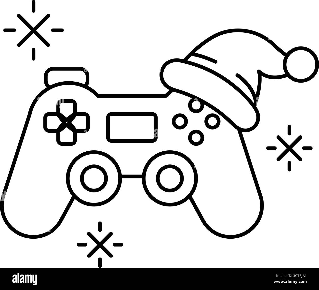 Une image en noir et blanc d'une manette de jeu vidéo avec un chapeau de Père Noël dessus. La manette est une manette Nintendo Wii Illustration de Vecteur