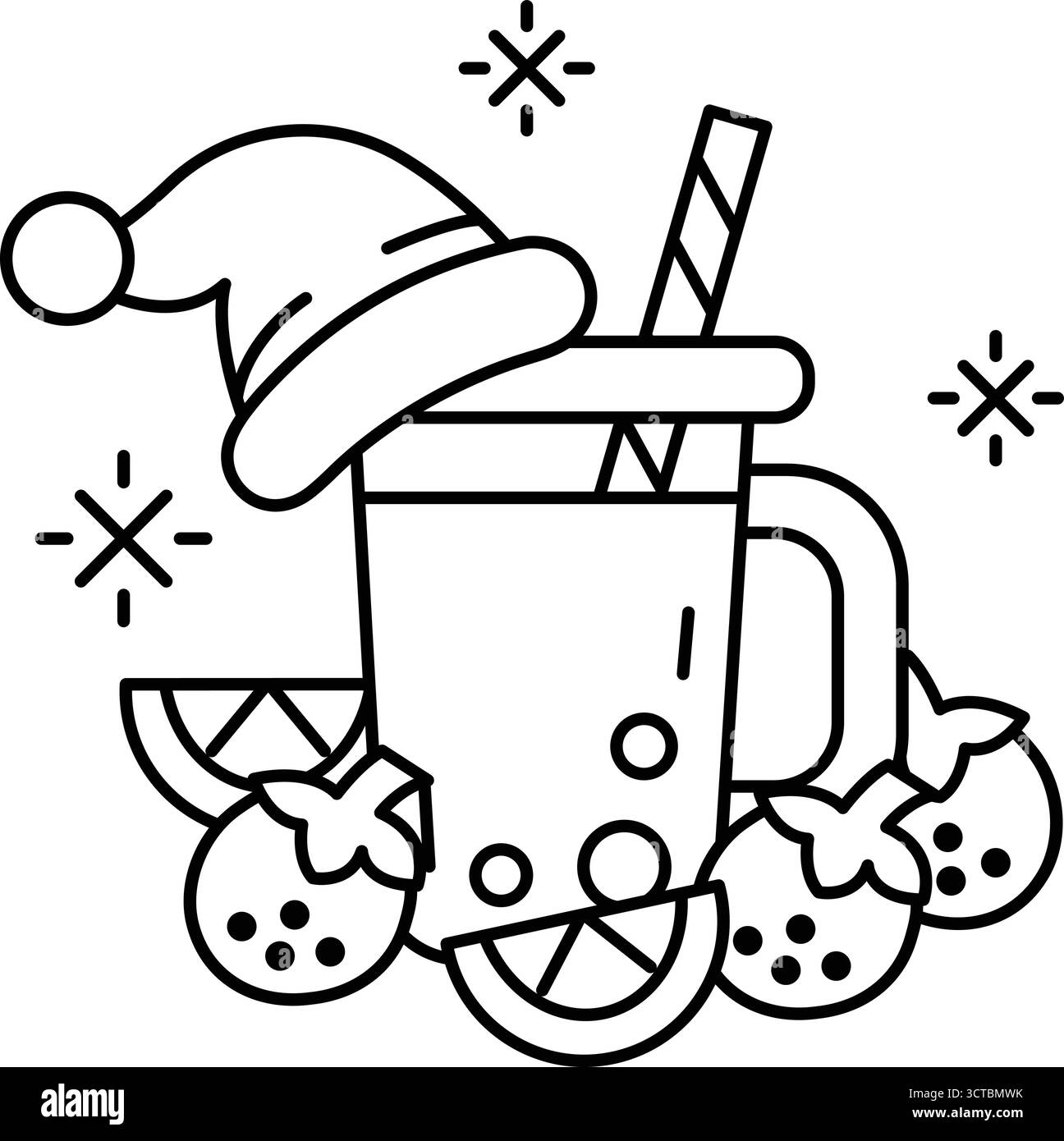 Une paille est dans une tasse avec un chapeau sur le dessus. Le chapeau est rouge et blanc. La tasse est remplie de fruits Illustration de Vecteur