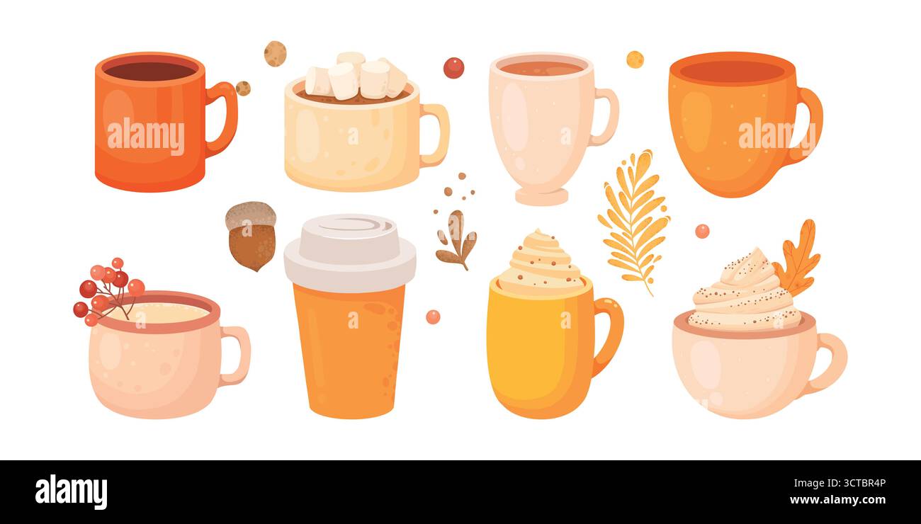 Collection de produits aromatisés saisonniers d'épices de citrouille, de nourriture et de boissons isolés sur fond blanc. Paquet de délicieux desserts sucrés d'automne ou Illustration de Vecteur