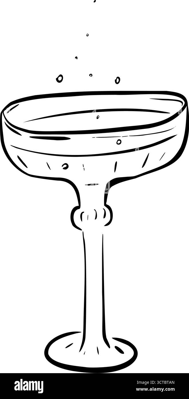 Verre à champagne avec boisson pétillante, élégant dessin vectoriel au style de croquis rapide fantaisiste. Parfait pour la conception de célébration, l'image de marque de restaurant Illustration de Vecteur
