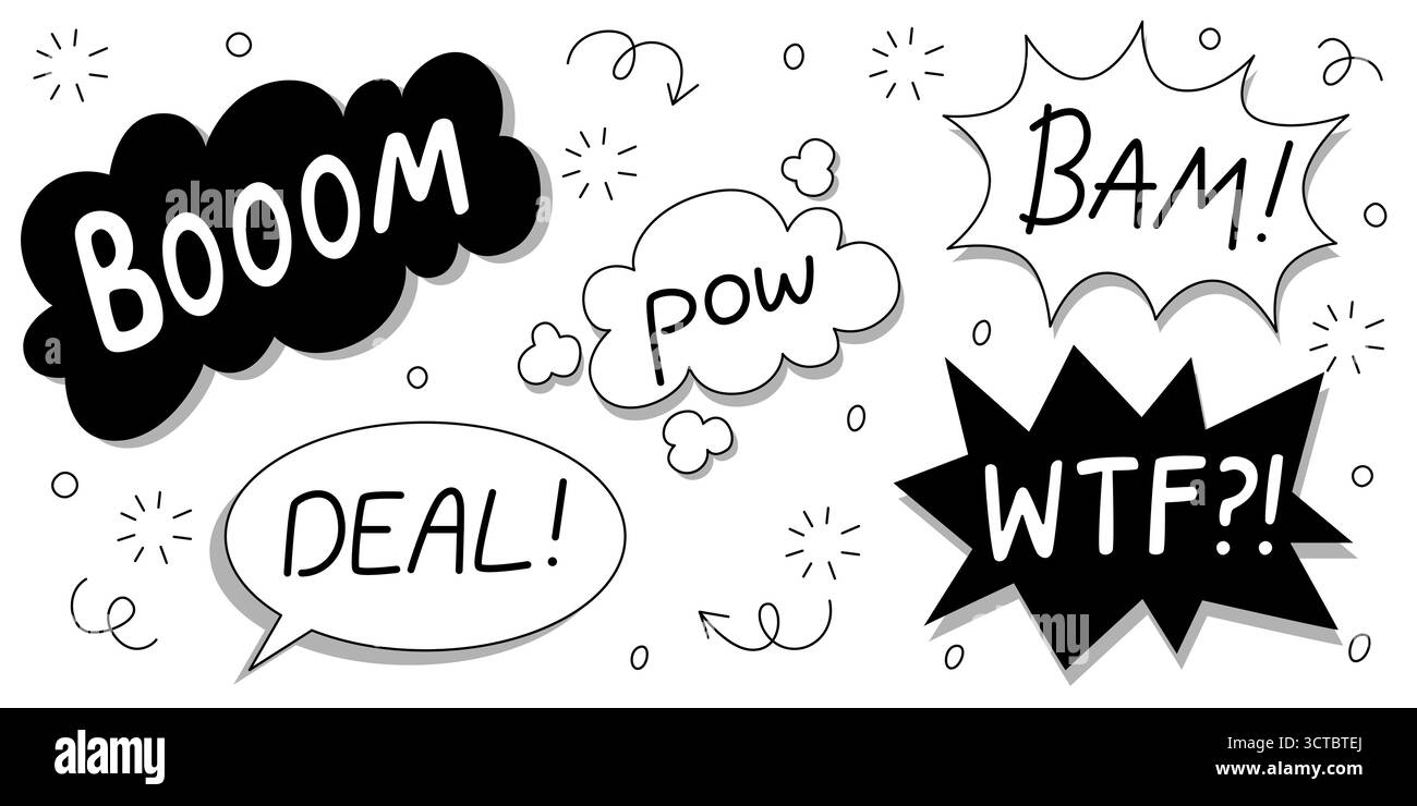 Explosions comiques noires avec boom et pow, BAM, wtf et Deal dans des bulles de discours. Typographie audacieuse avec des étincelles, des lignes de mouvement et des flèches pour l'action de super héros vintage ou des panneaux de roman graphique. Illustration de Vecteur