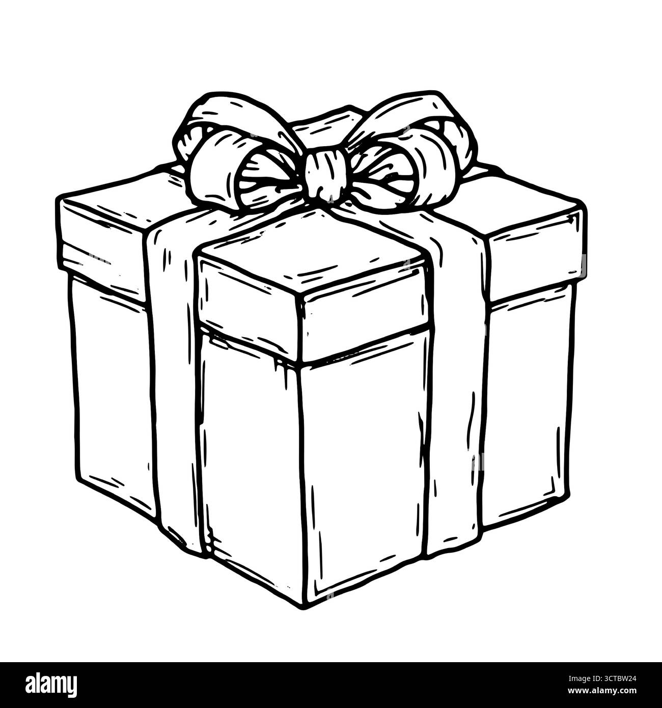 Boîte cadeau avec un noeud, croquis noir et blanc. Illustration vectorielle. Emballage festif, isolé sur fond blanc. Anniversaire, Noël, nouvel an an an Illustration de Vecteur