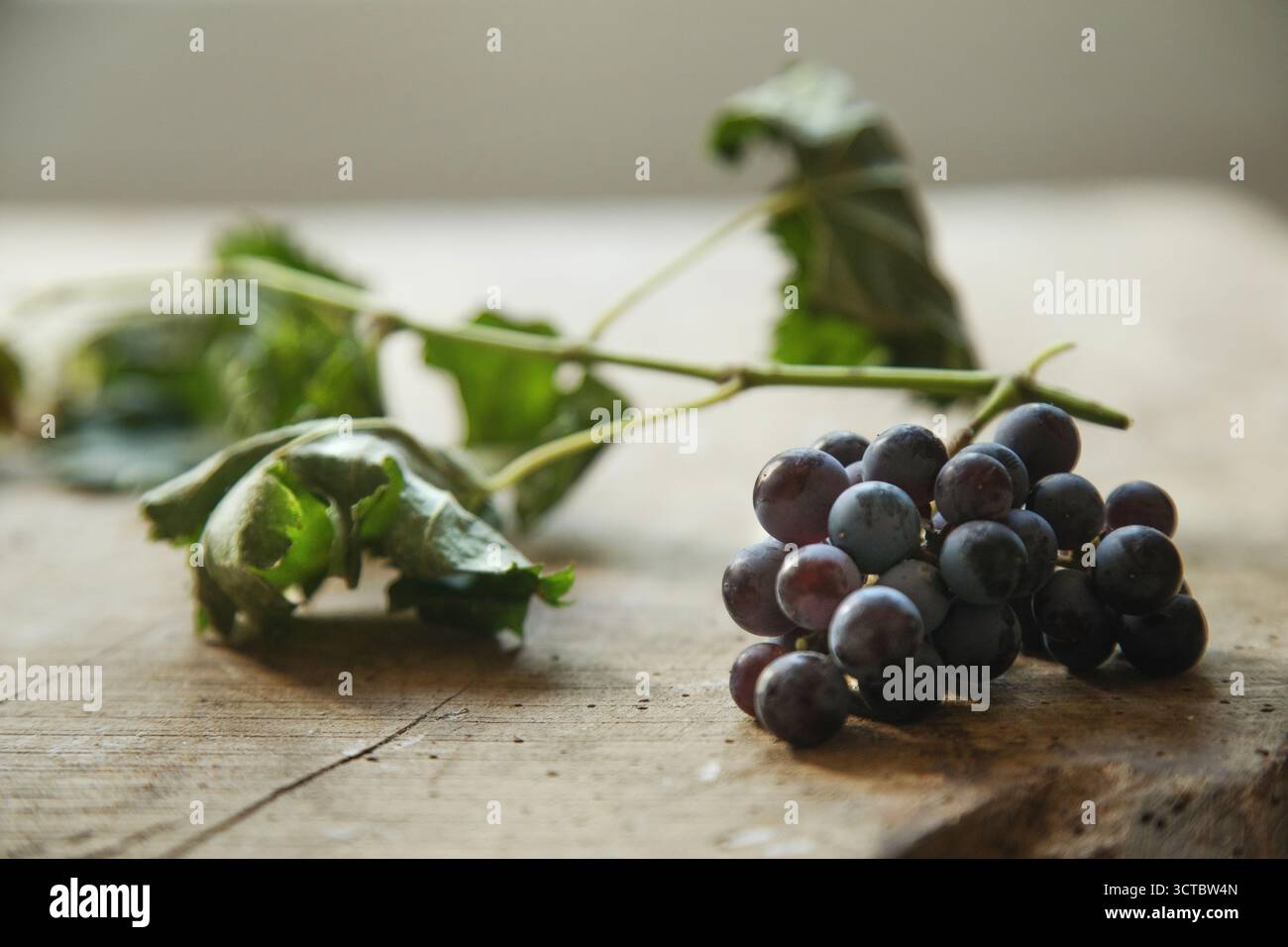 Grappe de raisins rouges sur une table rustique en bois avec des feuilles séchées, saveur authentique de la tradition Banque D'Images