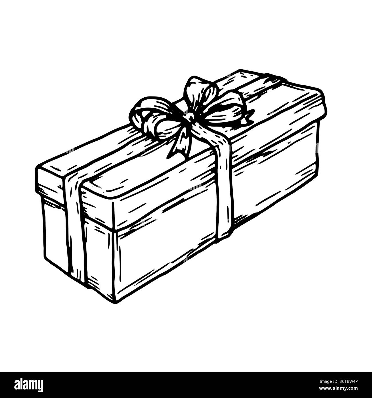 Boîte cadeau avec un noeud, croquis noir et blanc. Illustration vectorielle. Emballage festif, isolé sur fond blanc. Anniversaire, Noël, nouvel an an an Illustration de Vecteur