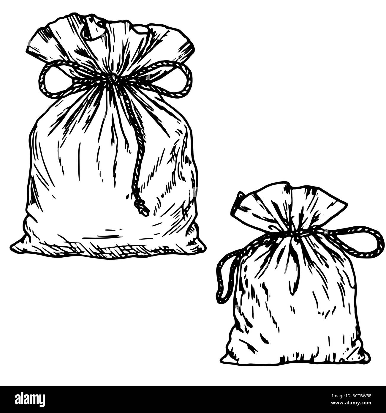 Sac en toile attaché avec ficelle, croquis. Illustration vectorielle. L'emballage pour stocker la nourriture et les cadeaux, un ensemble, est isolé sur un fond blanc. Nourriture et Illustration de Vecteur