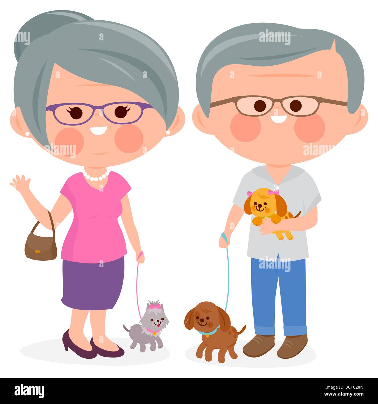 Propriétaires de chiens. Couple âgé marchant avec leurs chiens. Les propriétaires d'animaux de compagnie se réunissent et prennent soin des animaux de compagnie. Banque D'Images Propriétaires de chiens. Couple âgé marchant avec leurs chiens. Les propriétaires d'animaux de compagnie se réunissent et prennent soin des animaux de compagnie. Banque D'Images