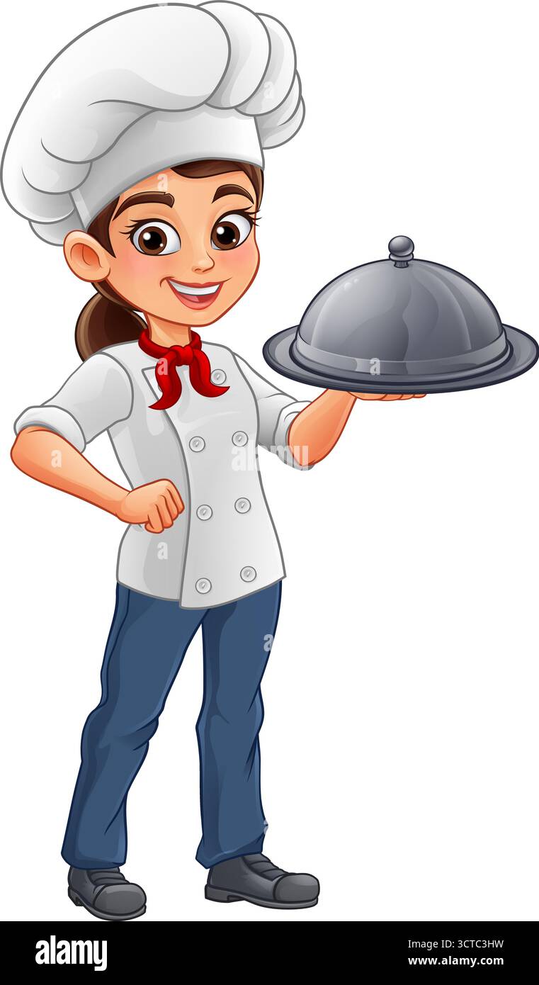 Chef femme tenant cloche plateau de service Illustration de Vecteur