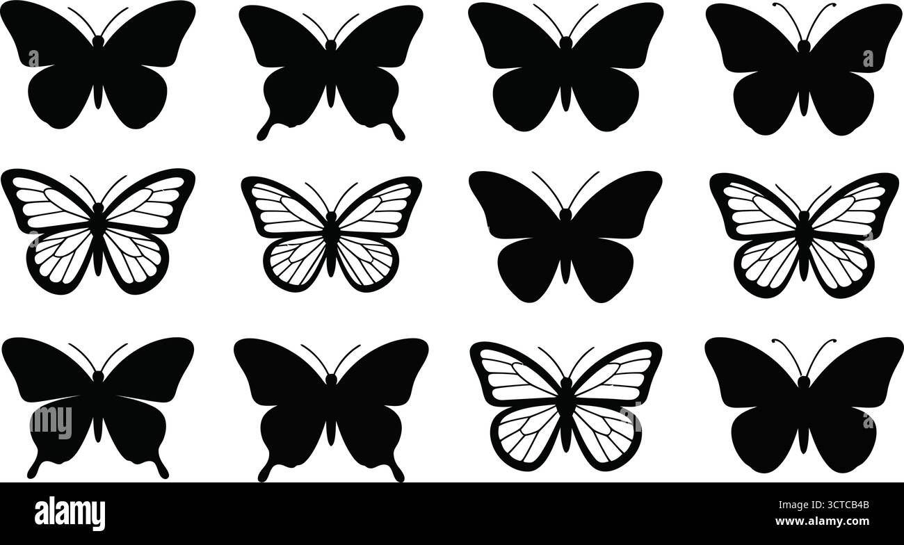 Icônes de papillon noir et blanc – silhouettes et dessins de ligne Wing détaillés pour la nature, le design contrasté, l'éducation et les graphiques décoratifs Illustration de Vecteur