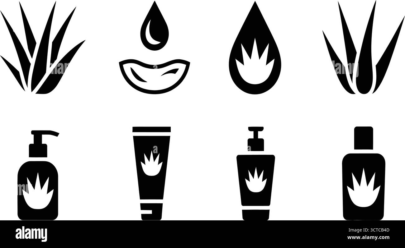 Black Line Icons – plantes d'aloe Vera, gouttelettes et bouteilles de soins de la peau pour la beauté naturelle, les cosmétiques biologiques et la conception de produits de bien-être Illustration de Vecteur