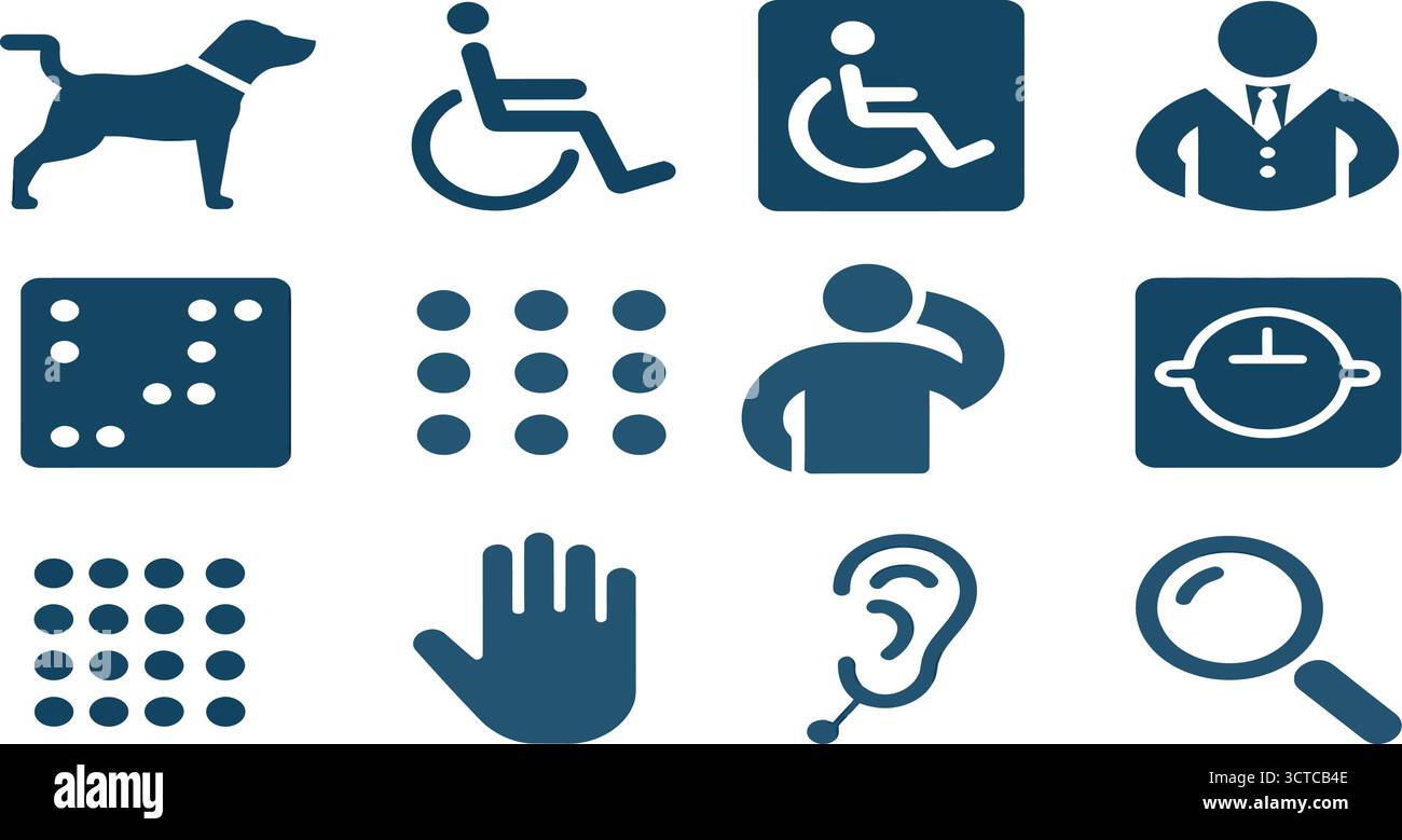 Blue Silhouette icônes - chien, fauteuil roulant, costume figure, dés, points, jauge, oreille, main et loupe pour l'interface utilisateur, l'accessibilité et la conception conceptuelle Illustration de Vecteur