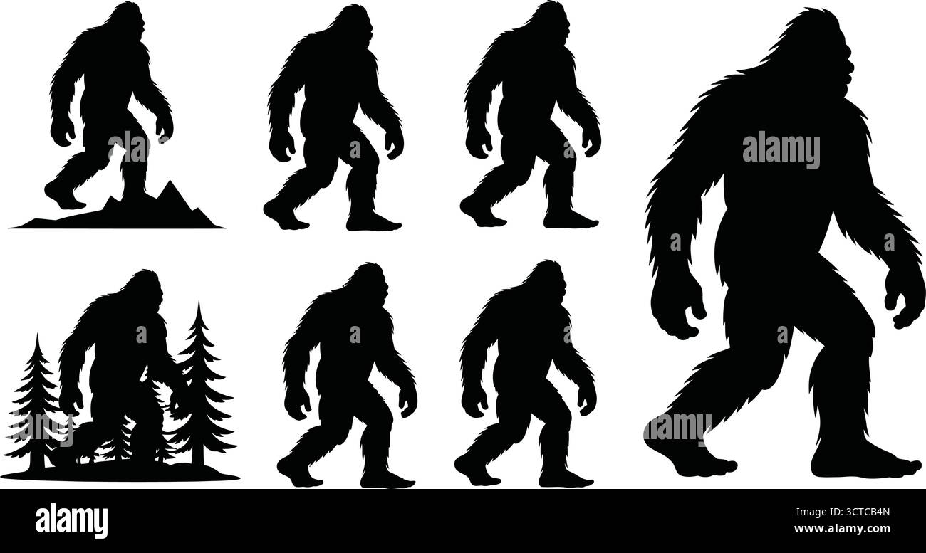 Black silhouettes of Bigfoot – créature mythique pose avec des fonds de forêt et de montagne pour folklore, cryptozoologie et Fantasy Design Illustration de Vecteur