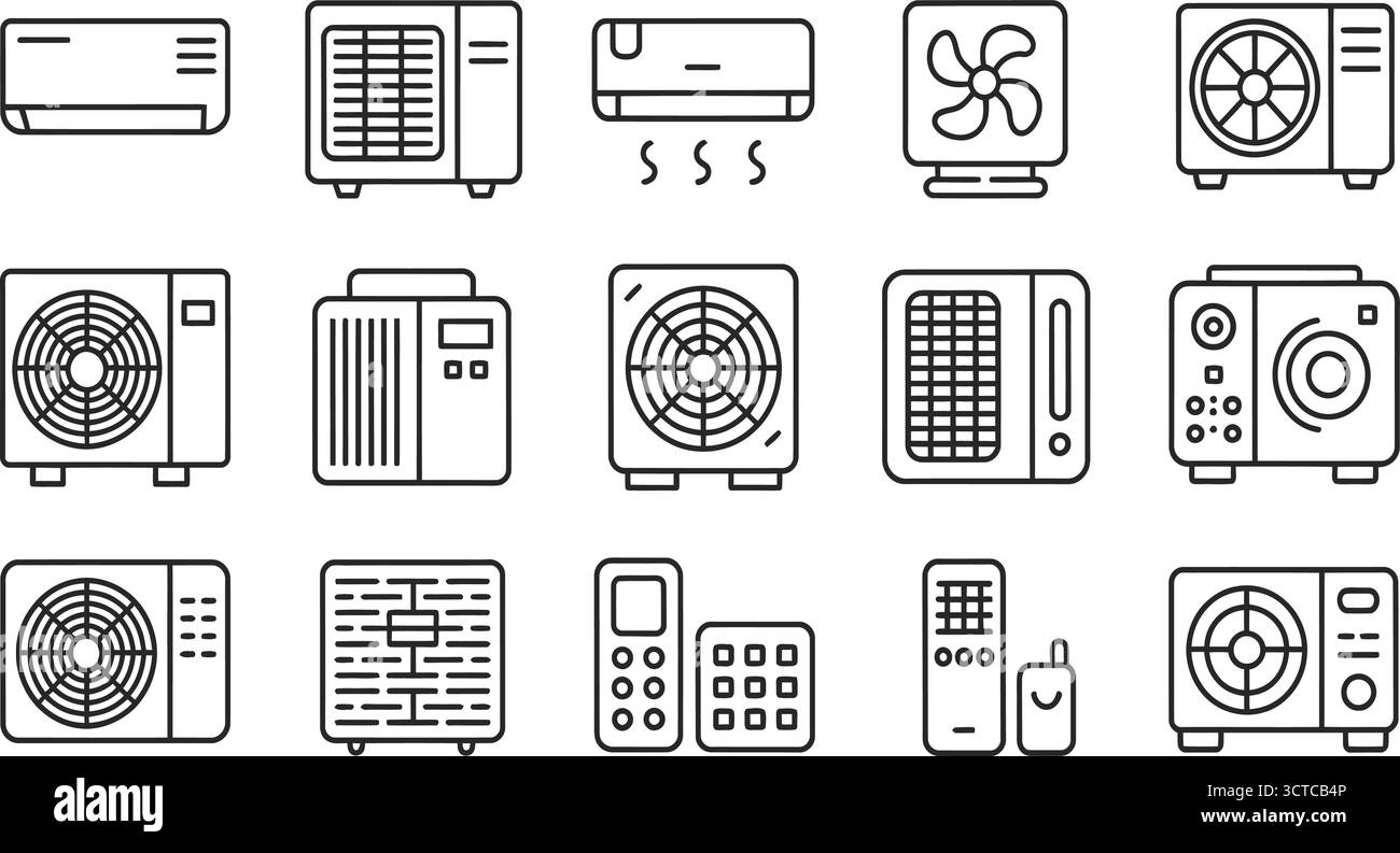 Icônes Black Line – AC mural, unité de fenêtre, refroidisseur portatif, ventilateur, télécommande et symboles HVAC pour la climatisation, les appareils ménagers et la conception d'interface utilisateur Illustration de Vecteur