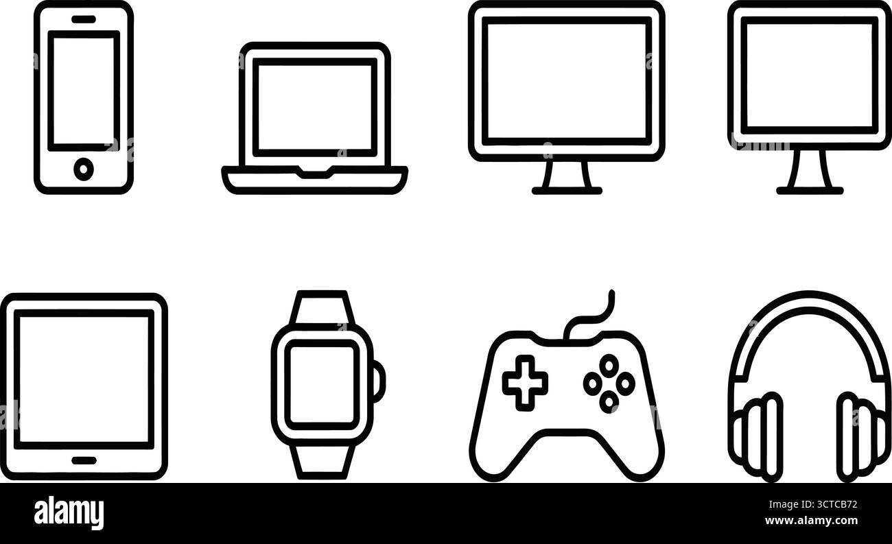 Icônes Black Line – smartphone, ordinateur portable, ordinateur de bureau, tablette, Smartwatch, contrôleur de jeu et casque pour Tech, UI et design numérique Illustration de Vecteur
