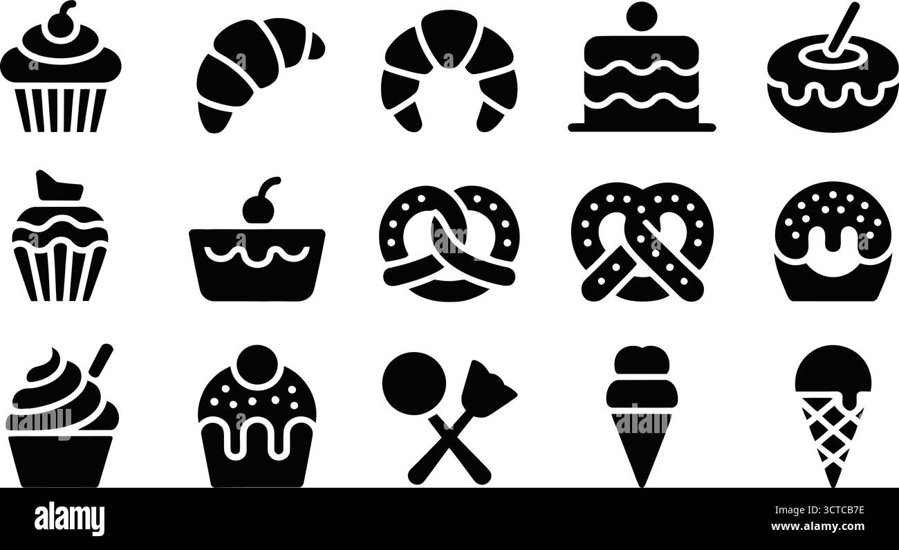 Icônes de dessert noir et blanc – Cupcakes, croissants, gâteaux, crème glacée, Pretzels, sucettes et symboles Pudding pour la conception culinaire, de menu et de nourriture Illustration de Vecteur
