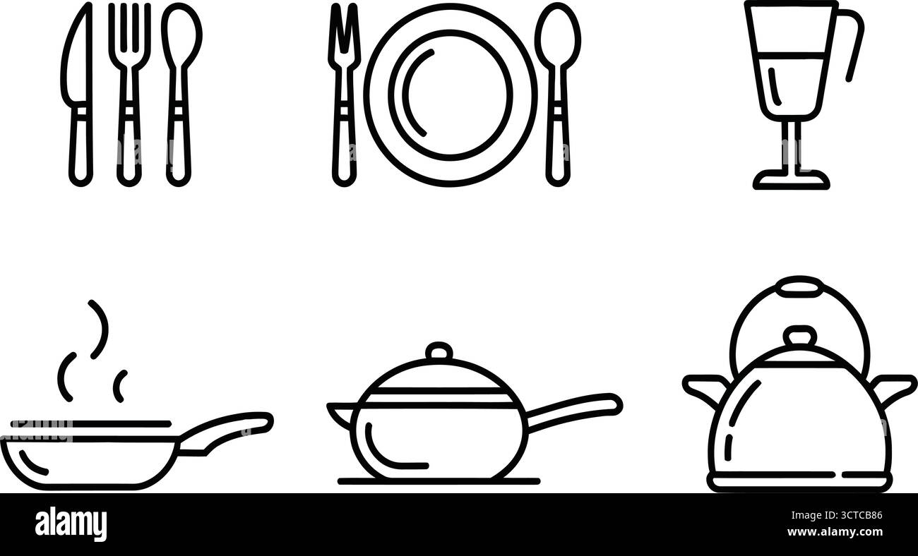 Black Line Kitchen Icons – couverts, assiette, verre, poêle à frire, casserole et bouilloire symboles pour la cuisine, la salle à manger et le design culinaire Illustration de Vecteur