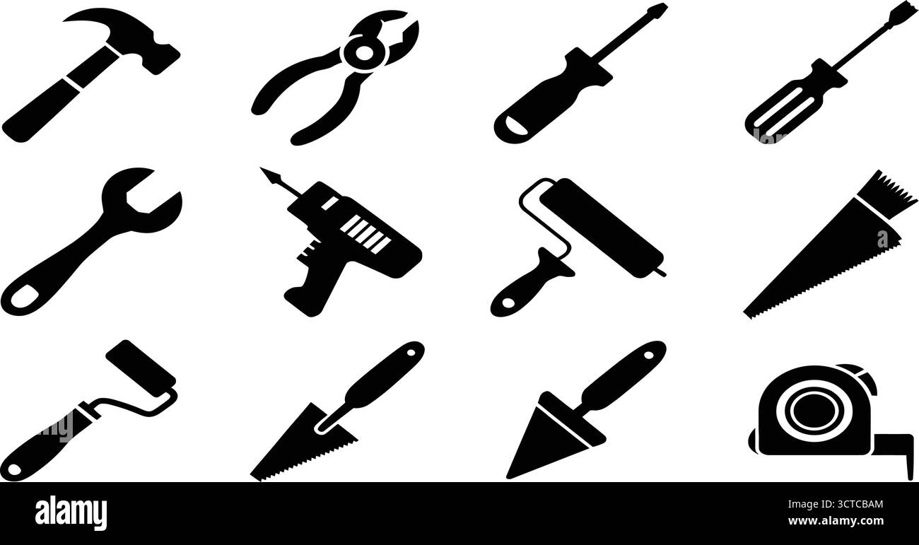 Jeu d'outils Silhouette noir – marteau, perceuse, clé, tournevis, rouleaux de peinture, icônes truelles et ruban à mesurer pour le bricolage, la construction et le design industriel Illustration de Vecteur