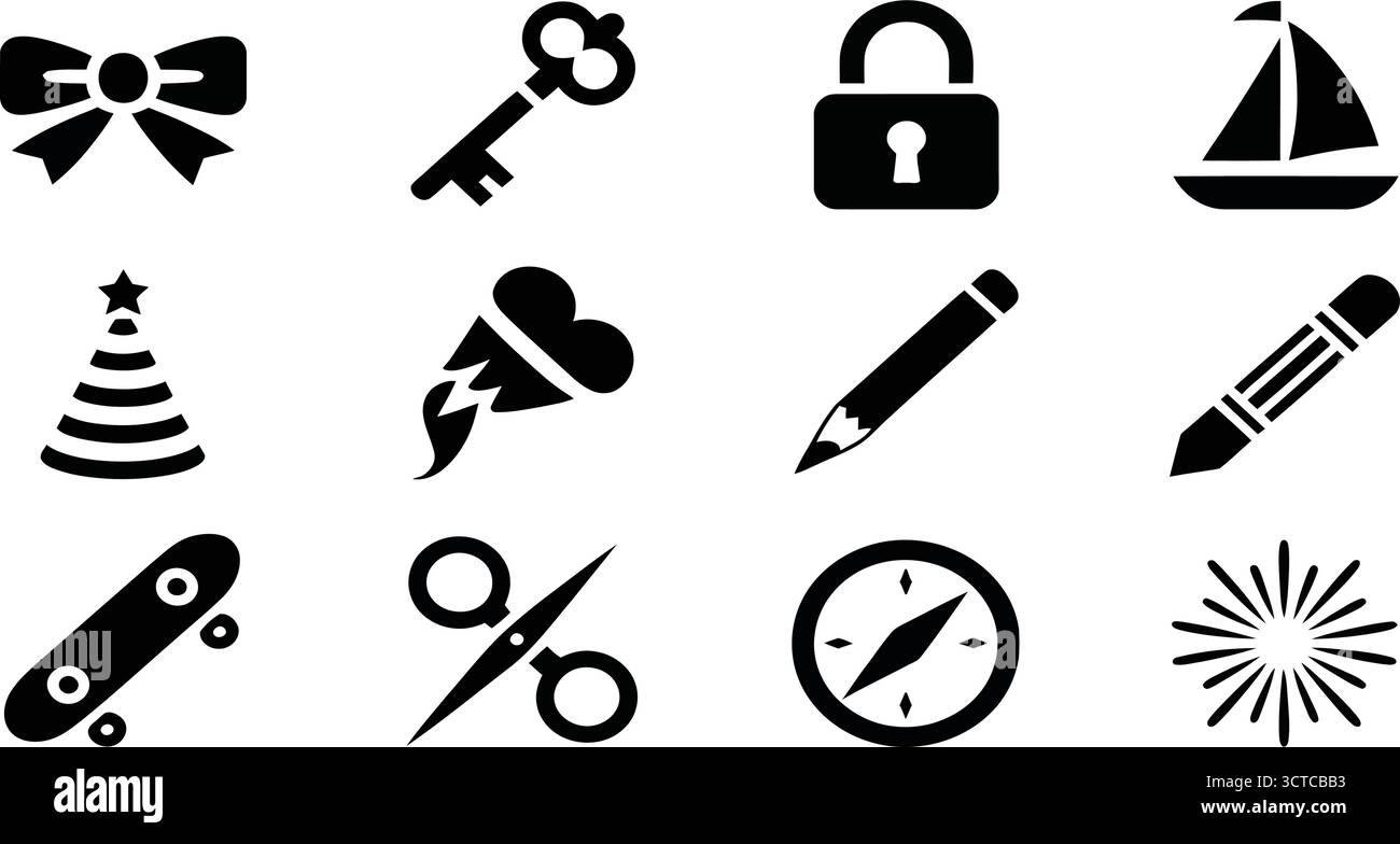 Silhouette icône ensemble avec noeud, clé, cadenas, voilier, chapeau de fête, chapeau de chef, crayon, planche à roulettes, ciseaux, boussole, et starburst en noir minimal Illustration de Vecteur