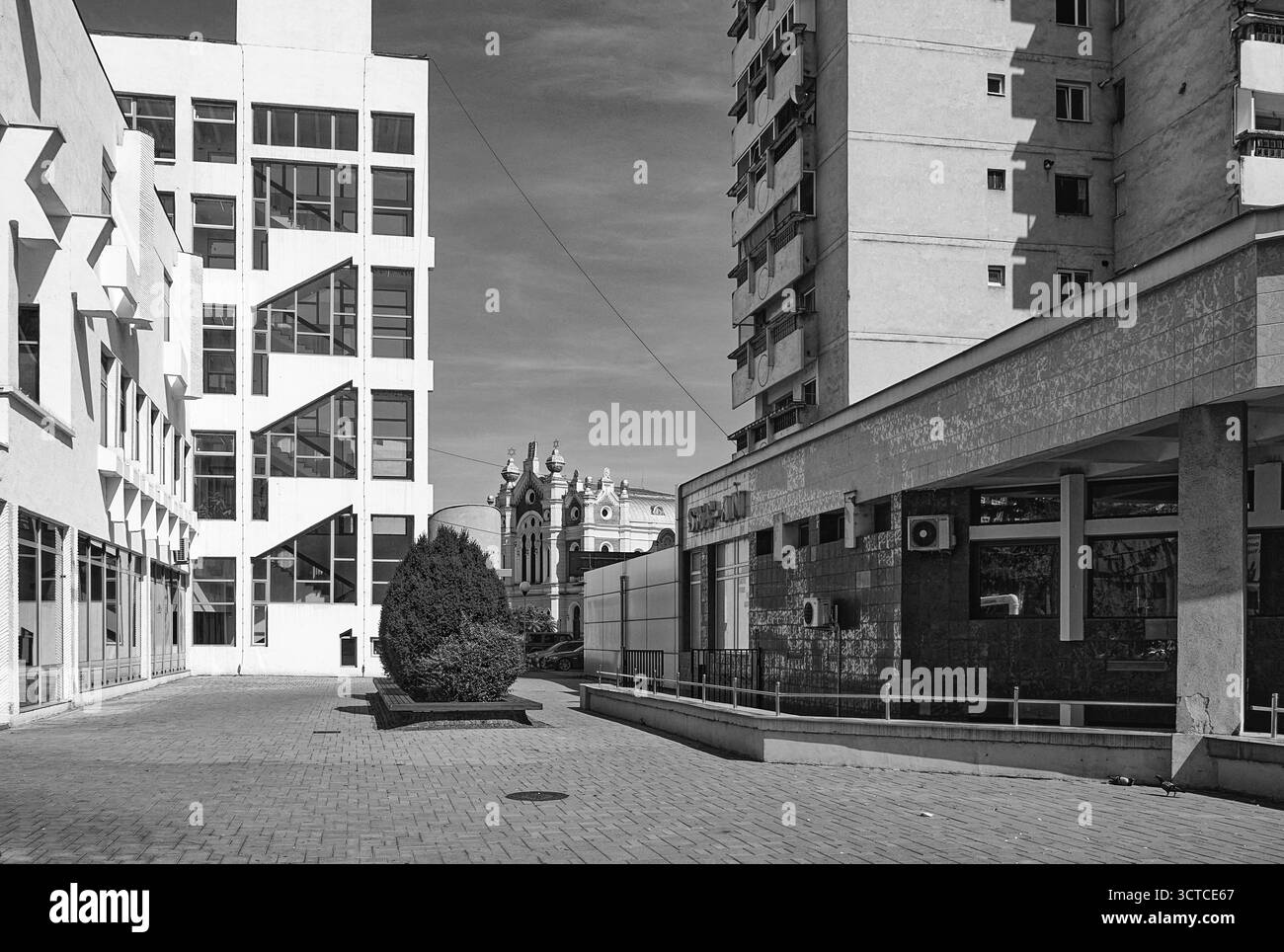 Bâtiments architecturaux modernes dans un cadre urbain aux couleurs noir et blanc, la synagogue de Satu Mare Romania occupe le devant de la scène Banque D'Images