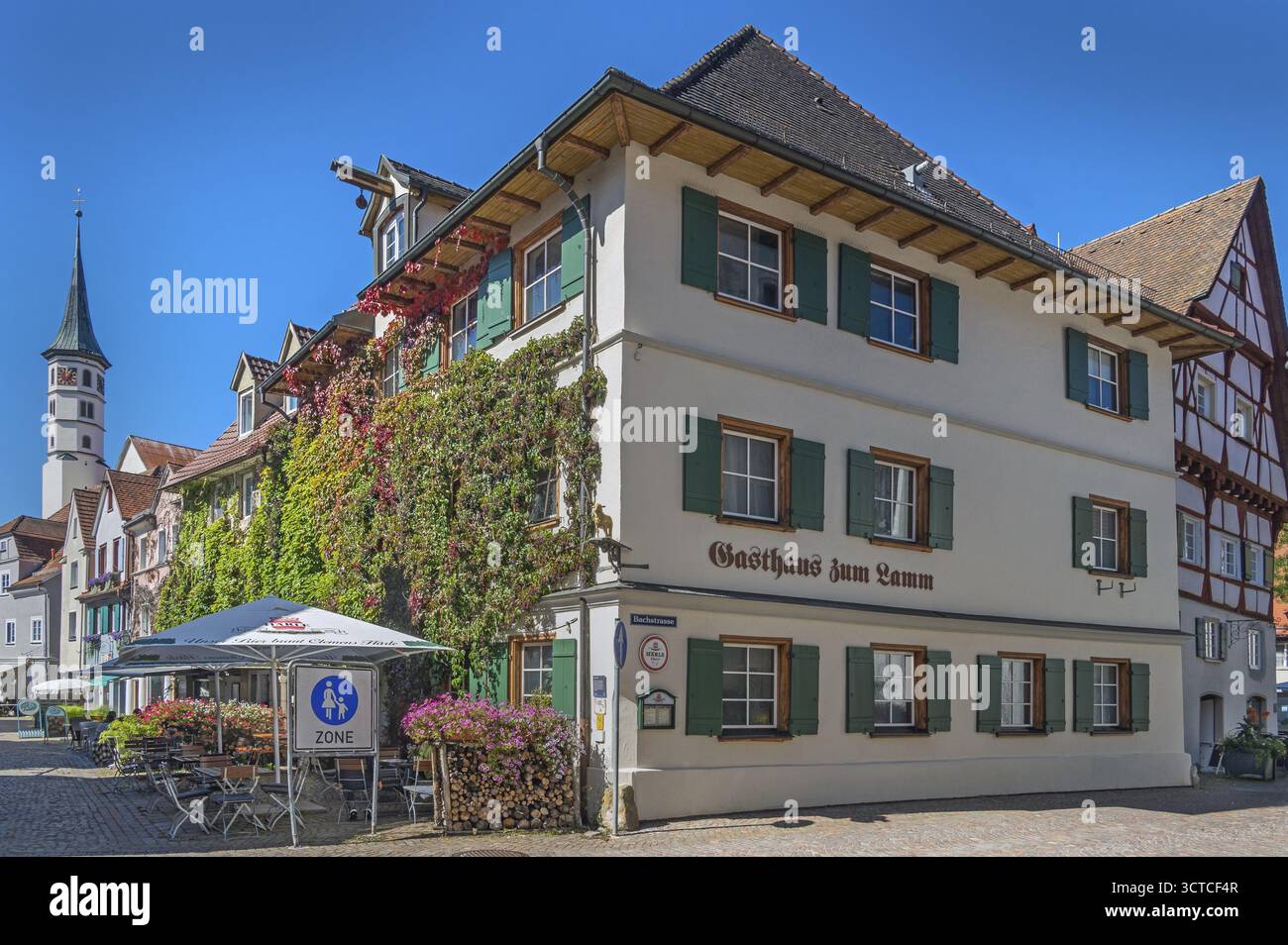 Ciel bleu, Gasthaus zum Lamm avec décoration florale, vigne sauvage et lucarne, Leutkirch, Allgaeu, Bade-Wuerttemberg, Allemagne Banque D'Images